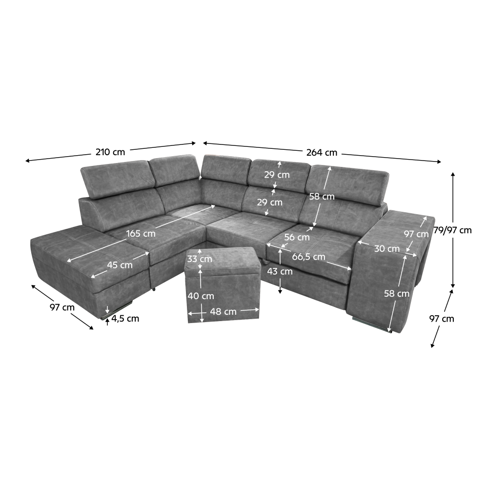 Set canapea BLOIS, gri, pe stânga, 264x210x79 cm Kondela