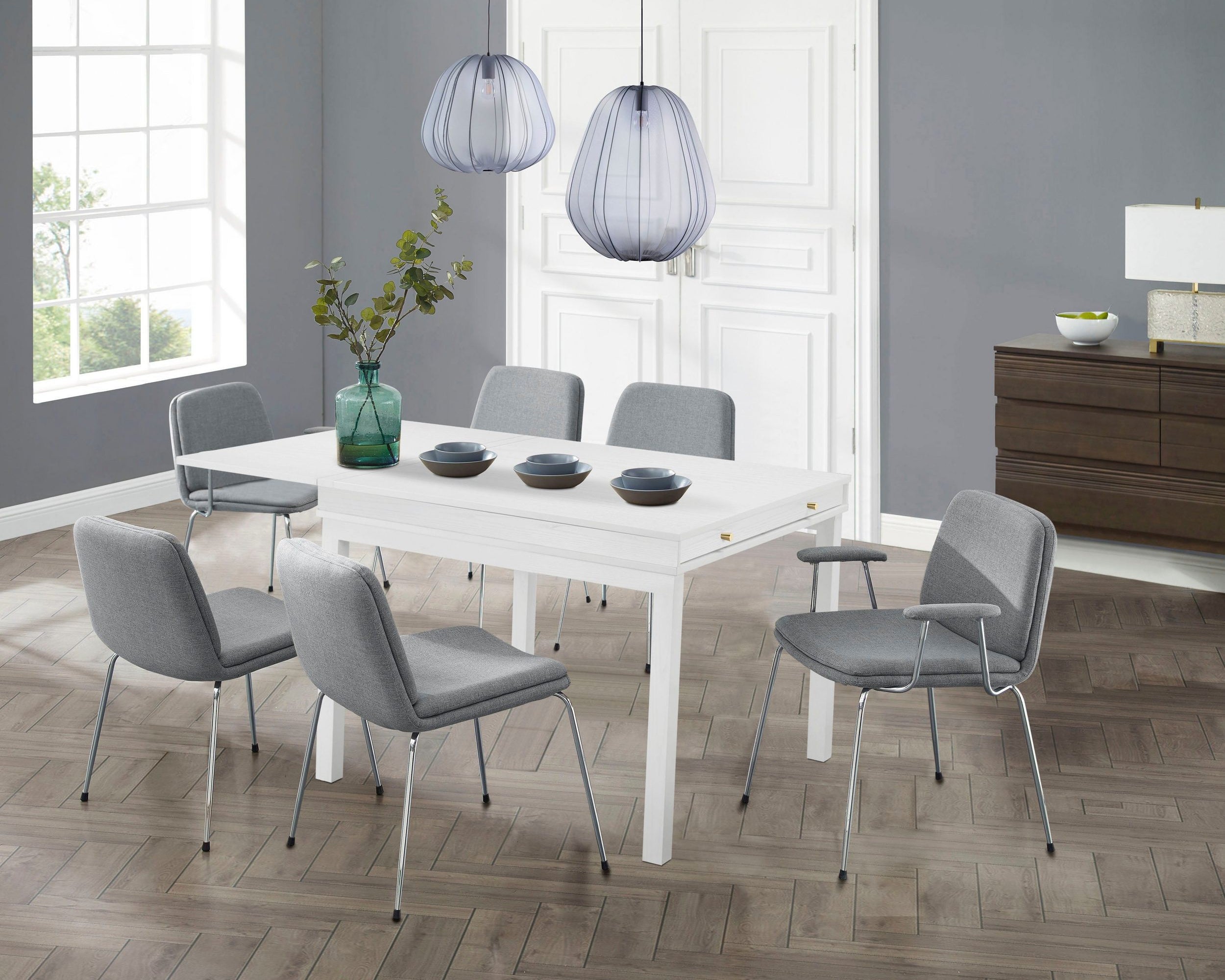 Masă extensibilă MDF Andas, cu spațiu de depozitare, alb, 104-145 cm Arboteca
