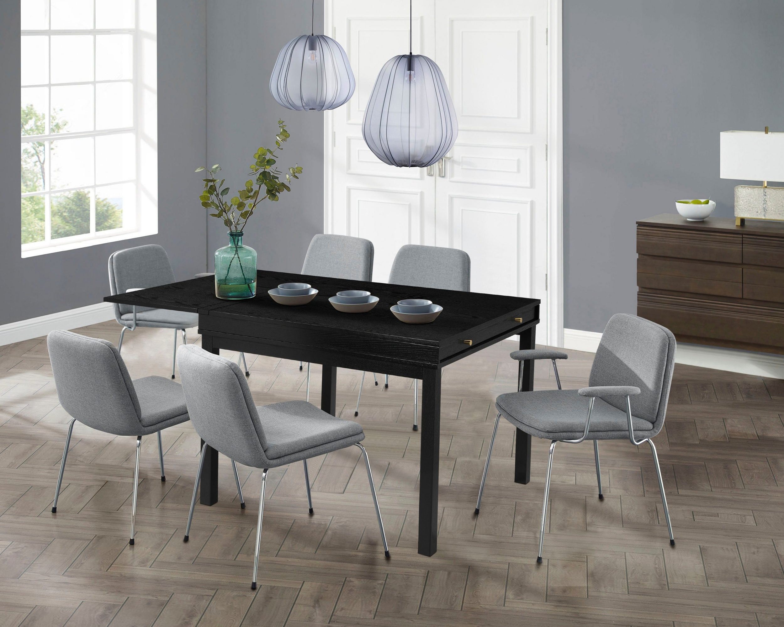 Masă extensibilă Andas 104–145 cm, MDF negru, cu raft Arboteca