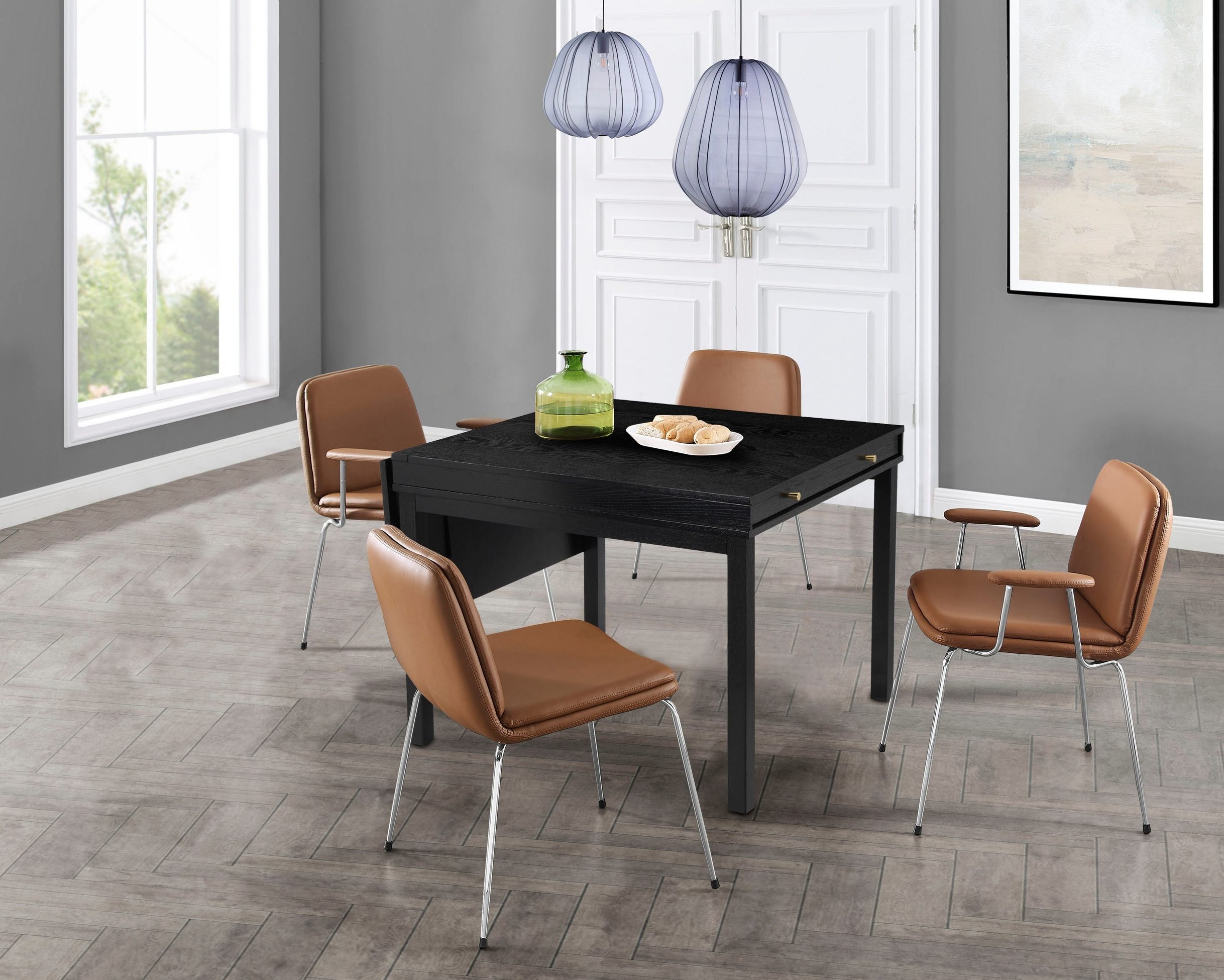 Masă extensibilă Andas 104–145 cm, MDF negru, cu raft Arboteca