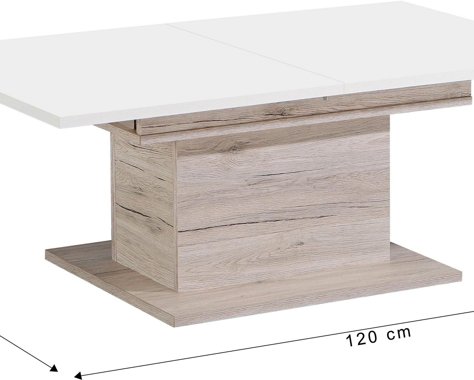 Masuță de cafea Forte, cu spațiu de depozitare, alb lucios/stejar, 120 cm lățime Arboteca