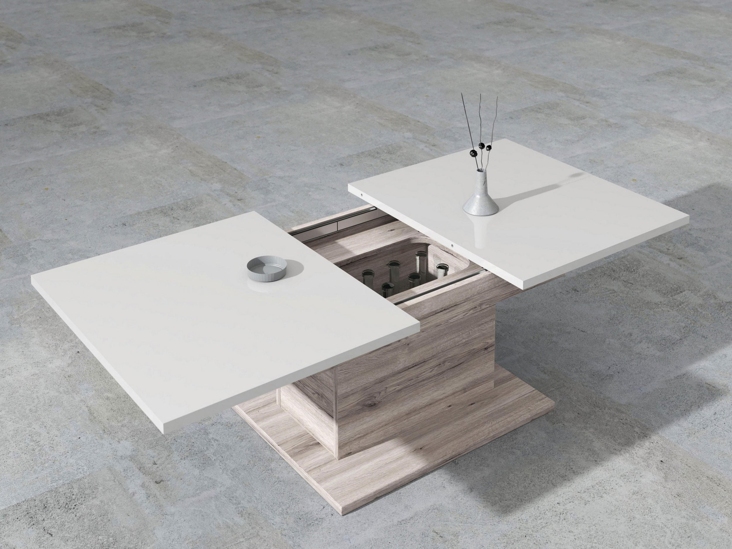 Masuta de cafea Forte, Spatiu de depozitare, alb-lucios-stejar, 120 cm latime Arboteca