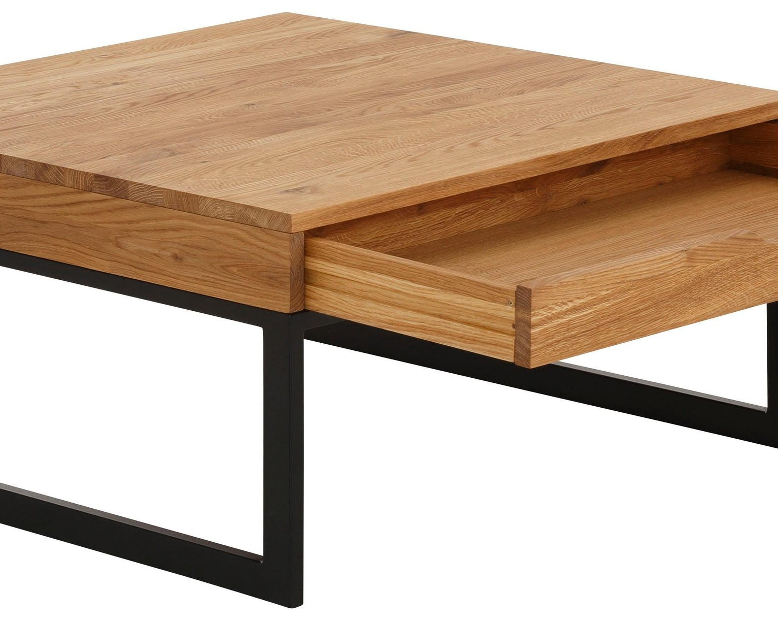 Masuță de cafea lemn masiv Betula, cu sertare, cadru metalic negru, 80 cm lățime Arboteca