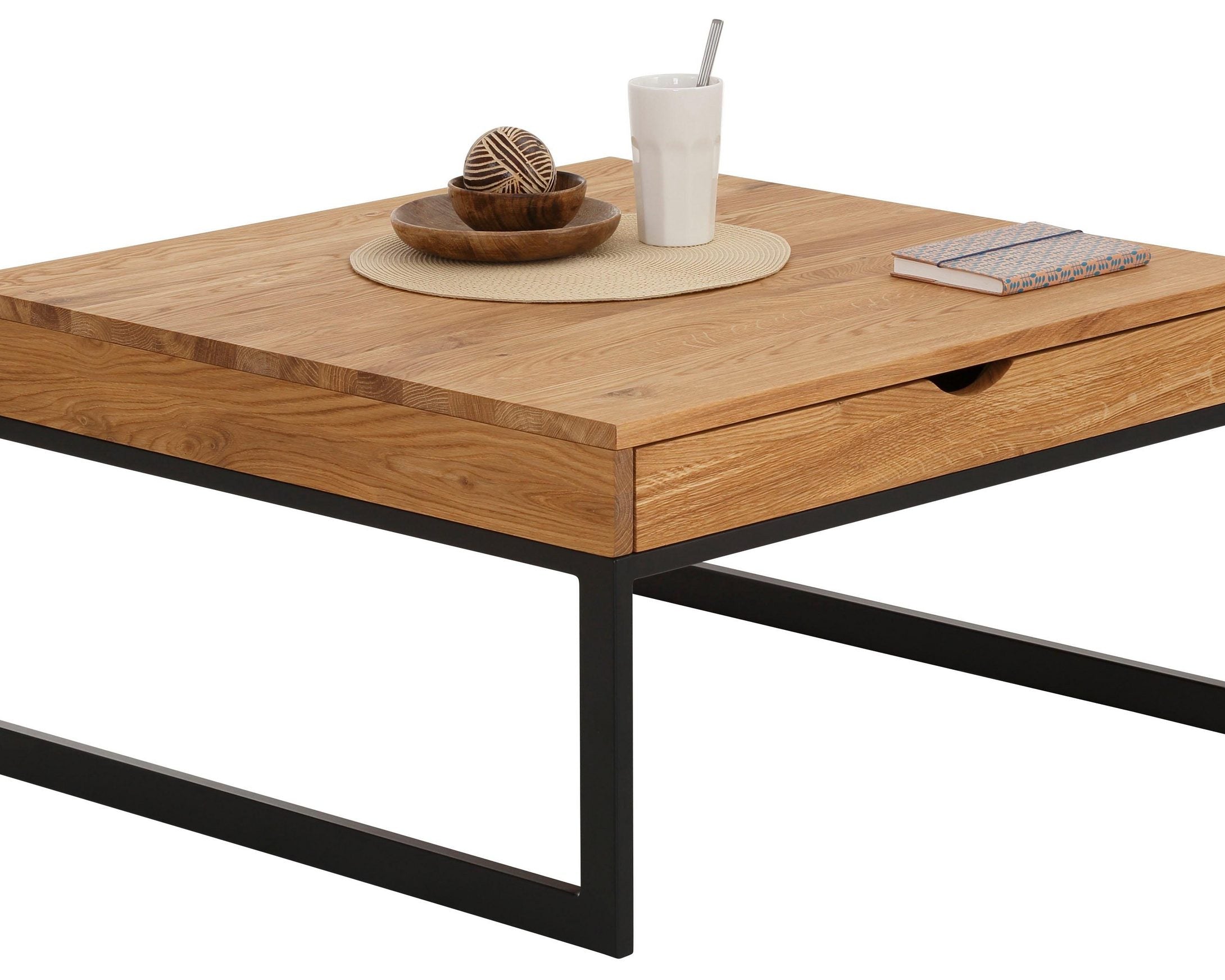 Masuță de cafea lemn masiv Betula, cu sertare, cadru metalic negru, 80 cm lățime Arboteca
