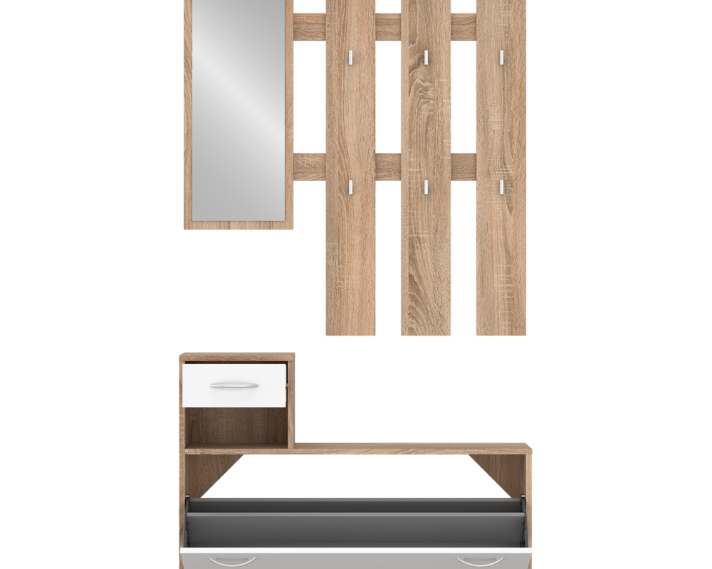 Setul pentru hol POROS, stejar sonoma/alb, 100x26.3x187.1 cm Kondela