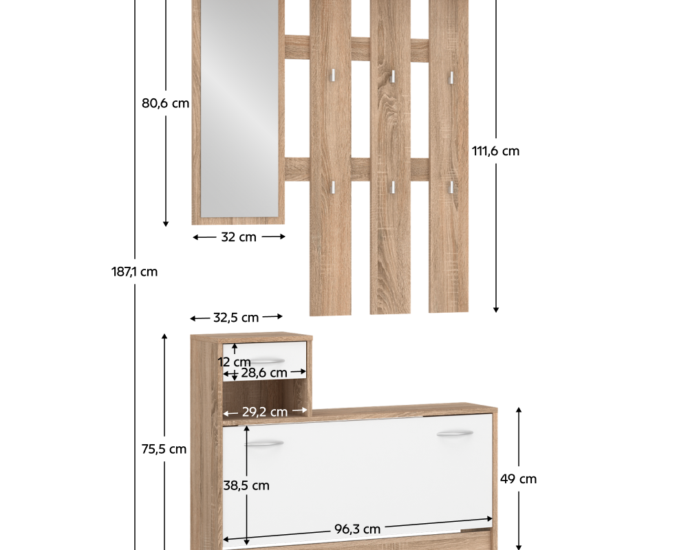 Setul pentru hol POROS, stejar sonoma/alb, 100x26.3x187.1 cm Kondela