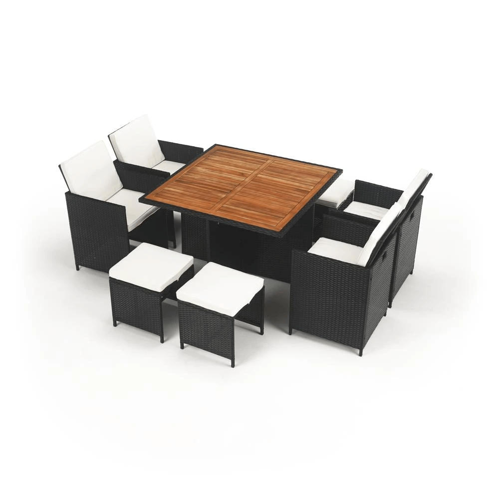 Set Dining Grădină MELFORD 9 Piese | 4 Scaune + 4 Taburete + Masă Salcâm Masiv | Ratan Tehnic Kondela