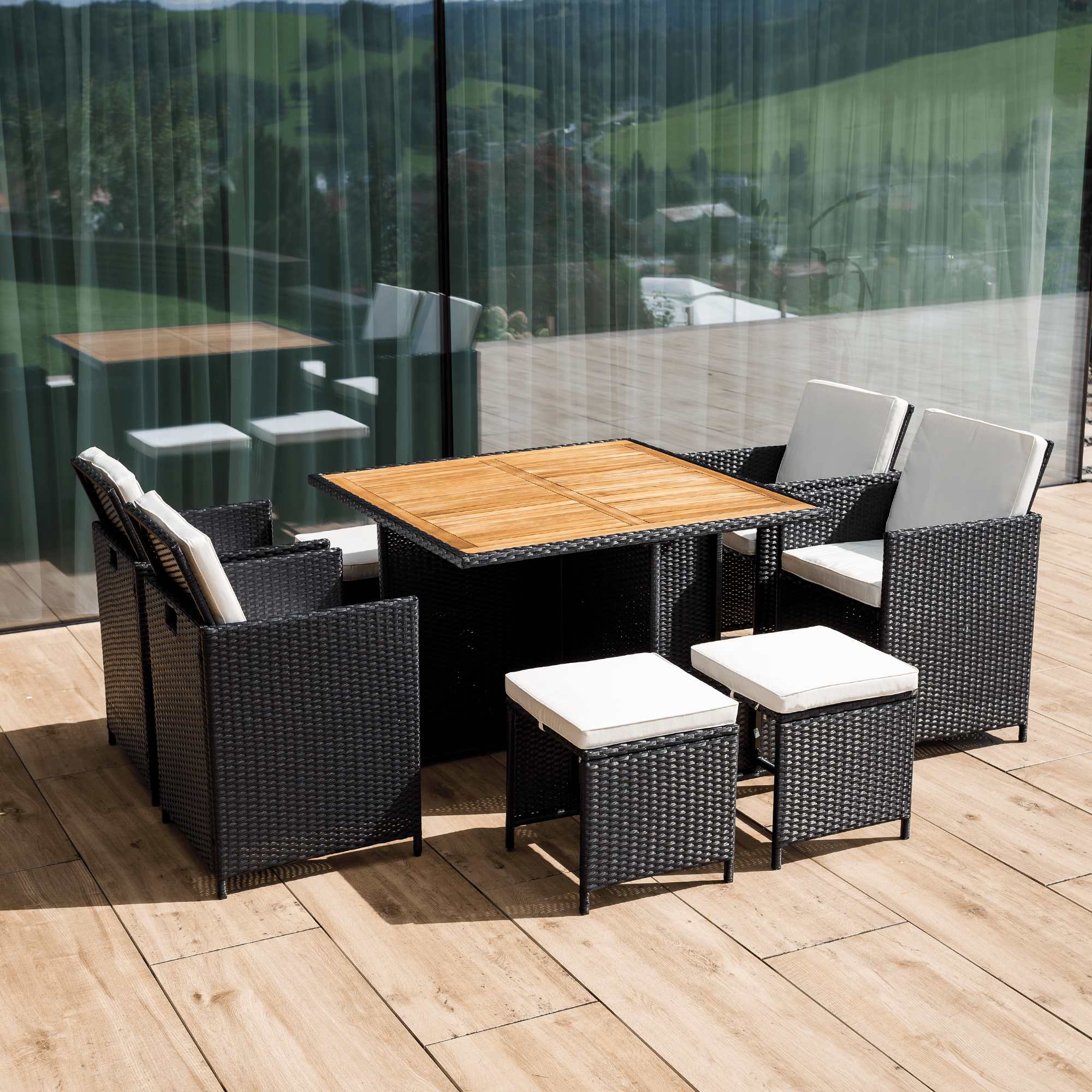 Set Dining Grădină MELFORD 9 Piese | 4 Scaune + 4 Taburete + Masă Salcâm Masiv | Ratan Tehnic Kondela