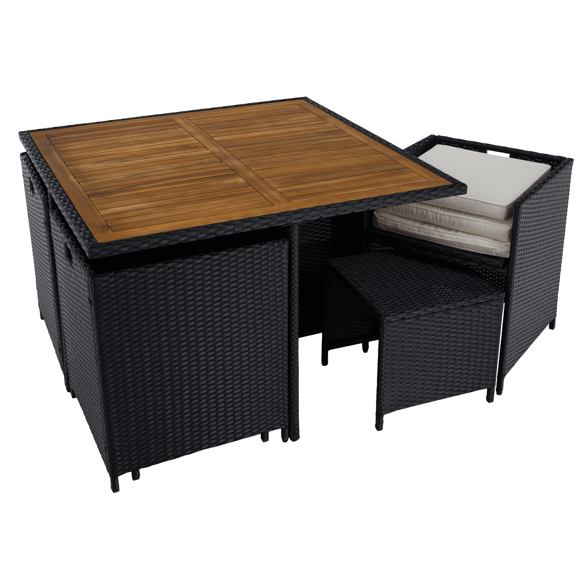 Set Dining Grădină MELFORD 9 Piese | 4 Scaune + 4 Taburete + Masă Salcâm Masiv | Ratan Tehnic Kondela