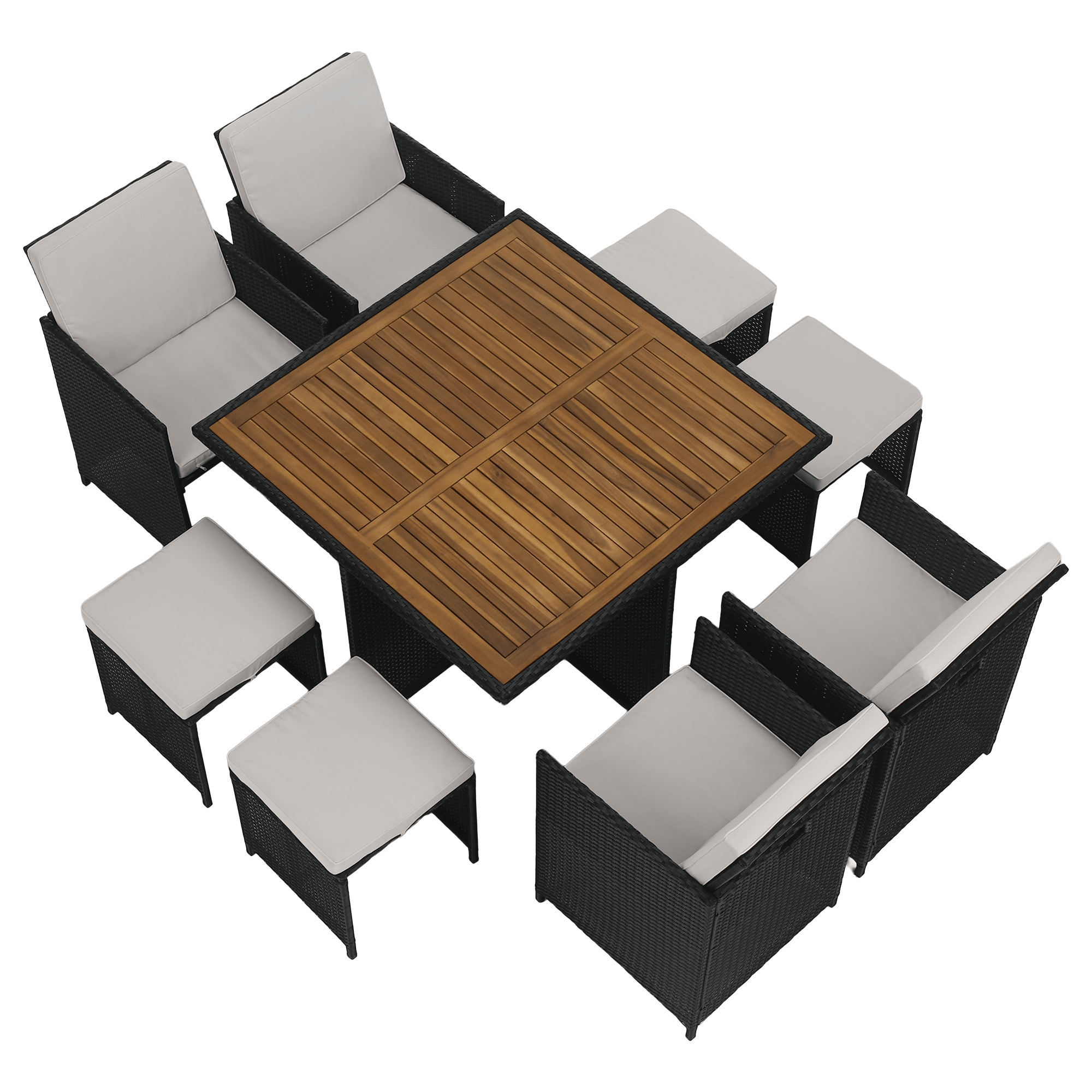 Set Dining Grădină MELFORD 9 Piese | 4 Scaune + 4 Taburete + Masă Salcâm Masiv | Ratan Tehnic Kondela