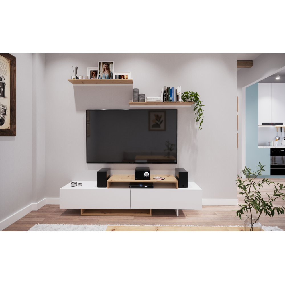 Mobilier de perete living, alb/stejar artisan, MILONA Kondela