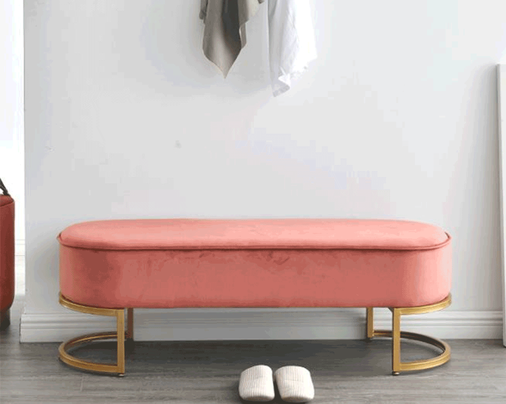 Bancă de design ALTAMURA, țesătură de catifea roz/crom auriu, 100x40x43 cm Kondela