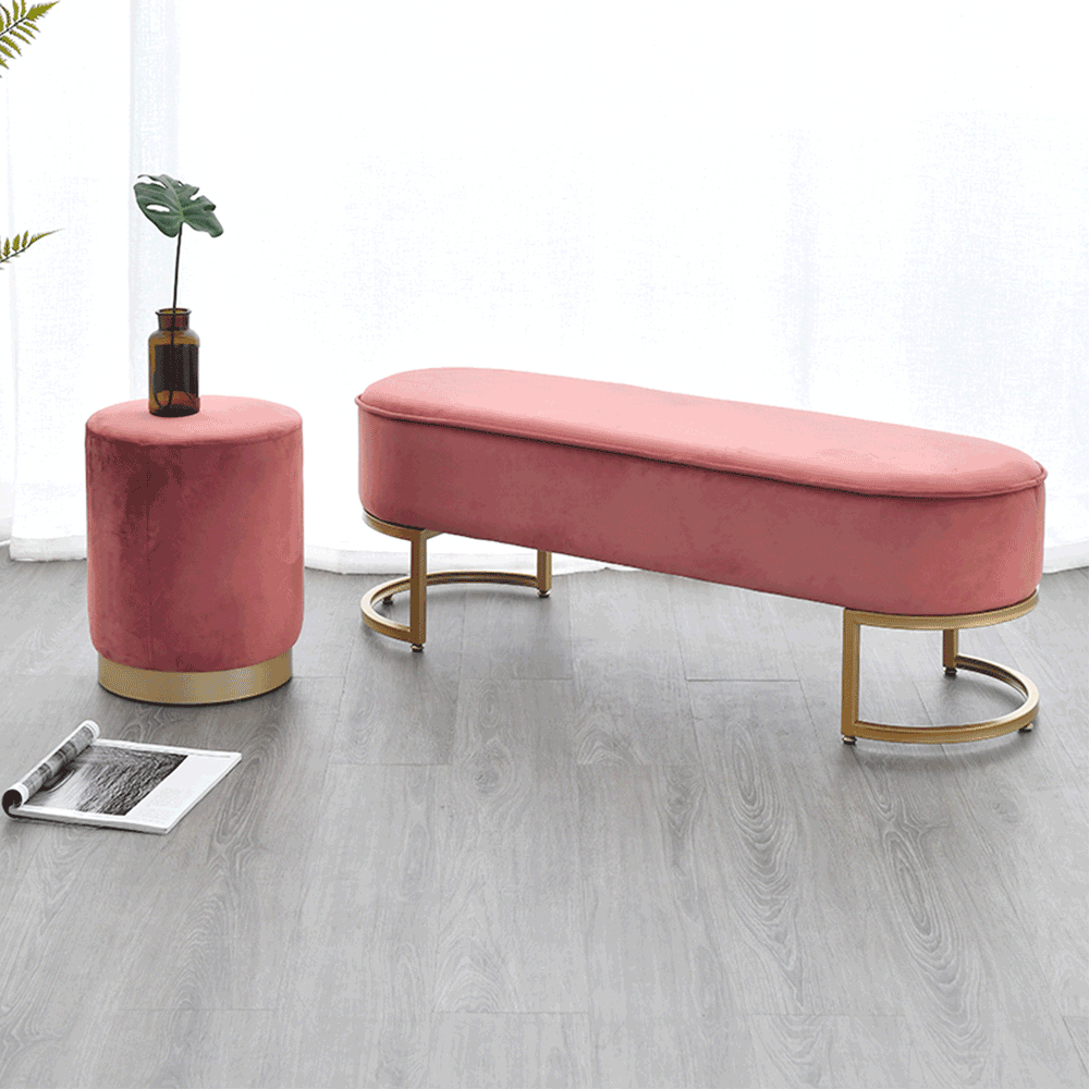 Bancă de design ALTAMURA, țesătură de catifea roz/crom auriu, 100x40x43 cm Kondela