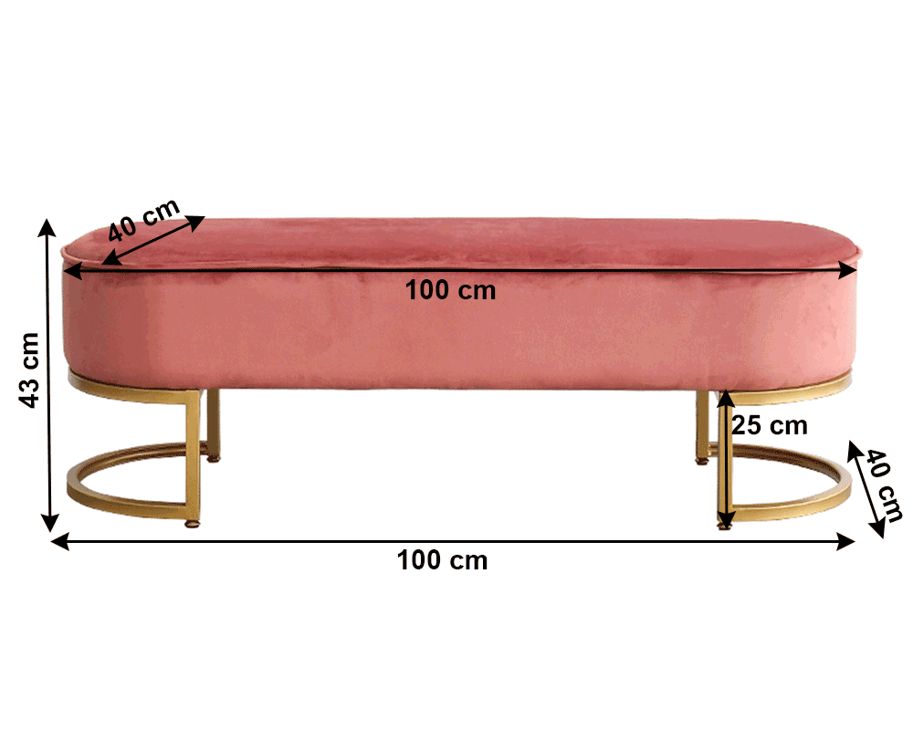Bancă de design ALTAMURA, țesătură de catifea roz/crom auriu, 100x40x43 cm Kondela