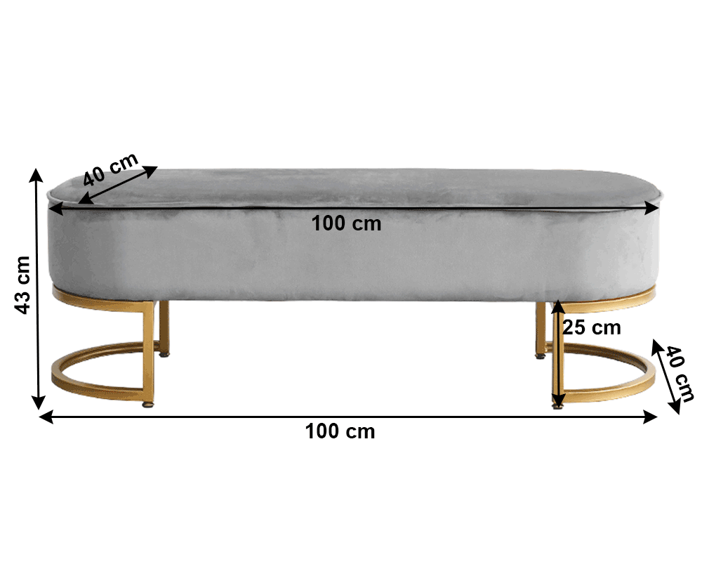 Bancă de design ALTAMURA, țesătură de catifea gri/crom auriu, 100x40x43 cm Kondela