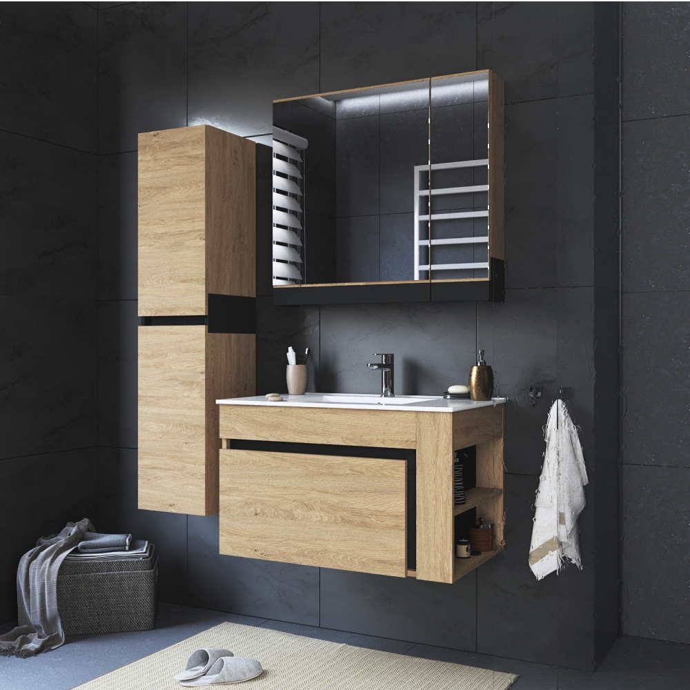 Dulăpior de pus sub chiuvetă UTRERA 80, stejar auriu/negru, 80x45.5x48 cm Kondela