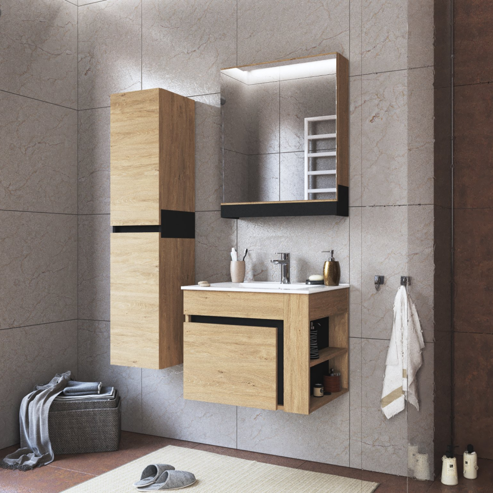 Dulăpior de pus sub chiuvetă UTRERA 60, stejar auriu/negru, 60x45.5x48 cm Kondela