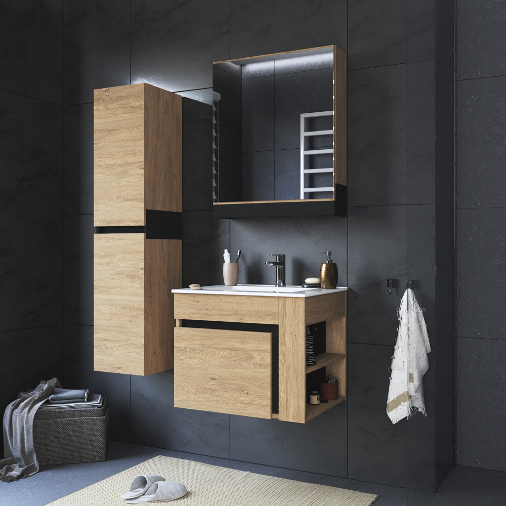 Dulăpior de pus sub chiuvetă UTRERA 60, stejar auriu/negru, 60x45.5x48 cm Kondela