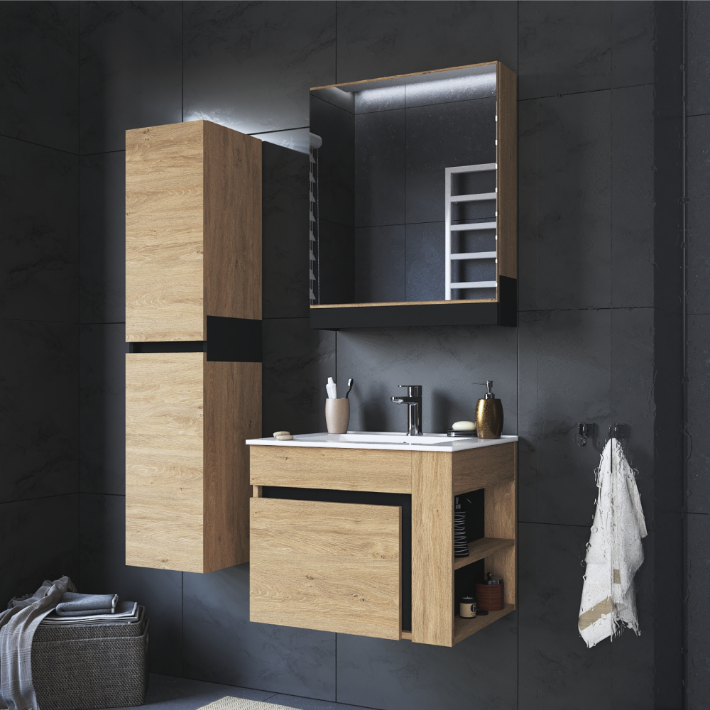 Dulăpior suspendat cu oglindă UTRERA 60, stejar auriu/negru, 60x15x72 cm Kondela