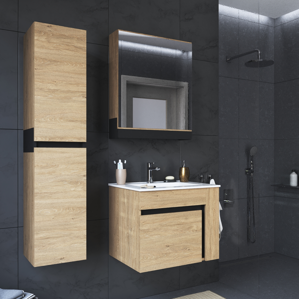 Dulăpior suspendat cu oglindă UTRERA 60, stejar auriu/negru, 60x15x72 cm Kondela