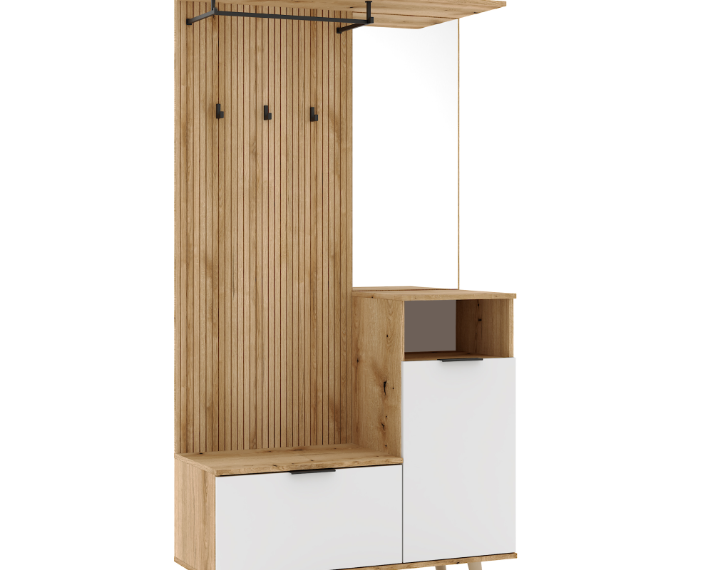 Set mobilier hol cu oglindă și pantofar BELMONTE, stejar evoke/alb, 100x40x204 cm Kondela