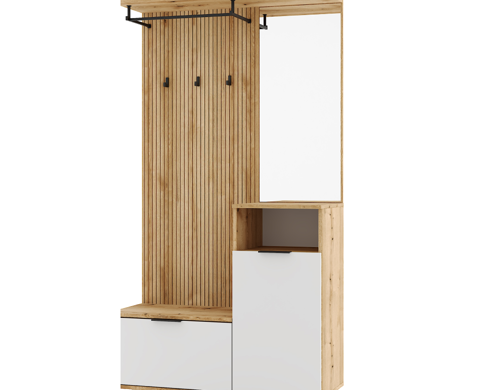Set mobilier hol cu oglindă și pantofar BELMONTE, stejar evoke/alb, 100x40x204 cm Kondela