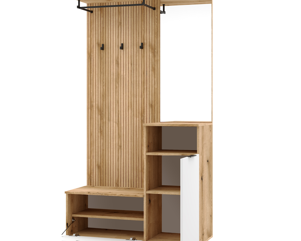 Set mobilier hol cu oglindă și pantofar BELMONTE, stejar evoke/alb, 100x40x204 cm Kondela