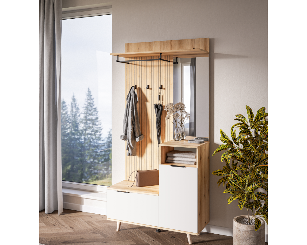 Set mobilier hol cu oglindă și pantofar BELMONTE, stejar evoke/alb, 100x40x204 cm Kondela