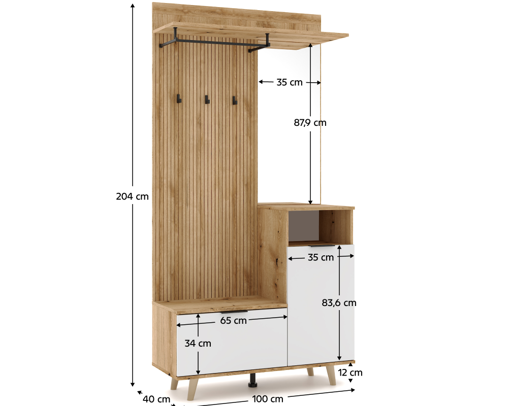 Set mobilier hol cu oglindă și pantofar BELMONTE, stejar evoke/alb, 100x40x204 cm Kondela