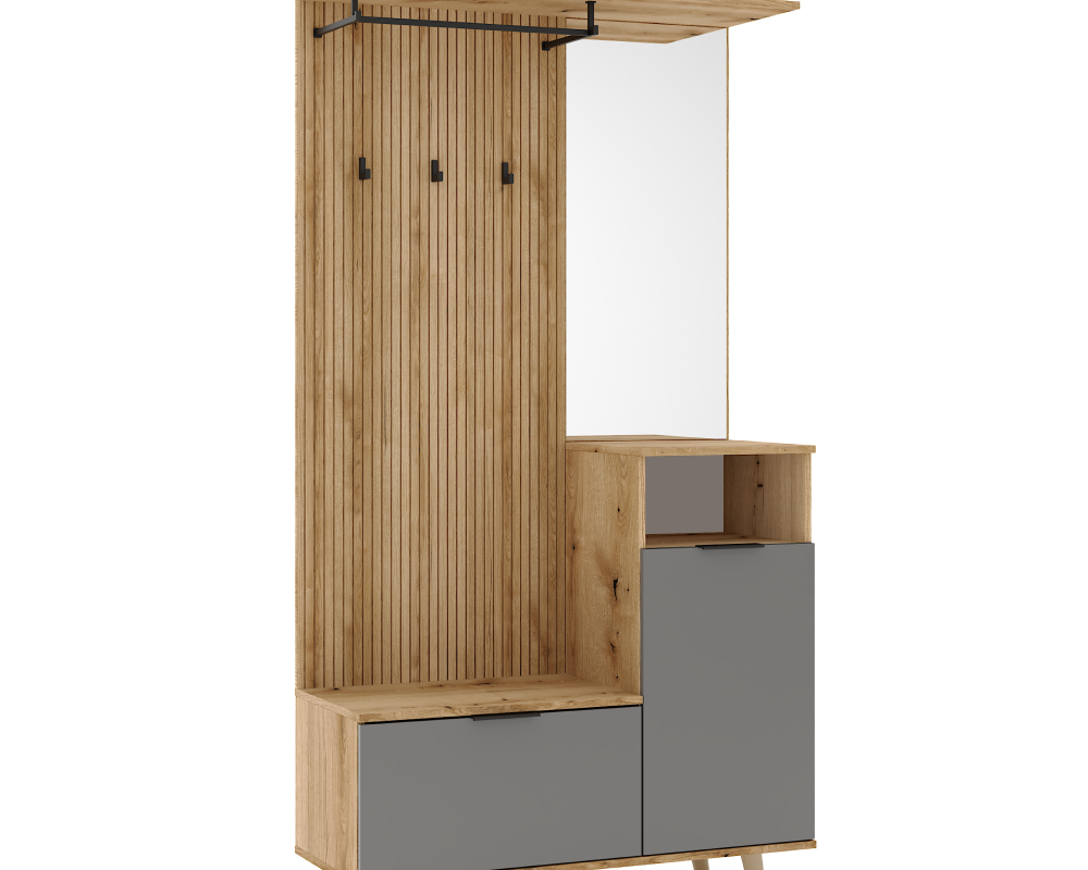 Set mobilier hol NODRI cu oglindă și pantofar, stejar evoke/grafit, 100x204 cm Kondela