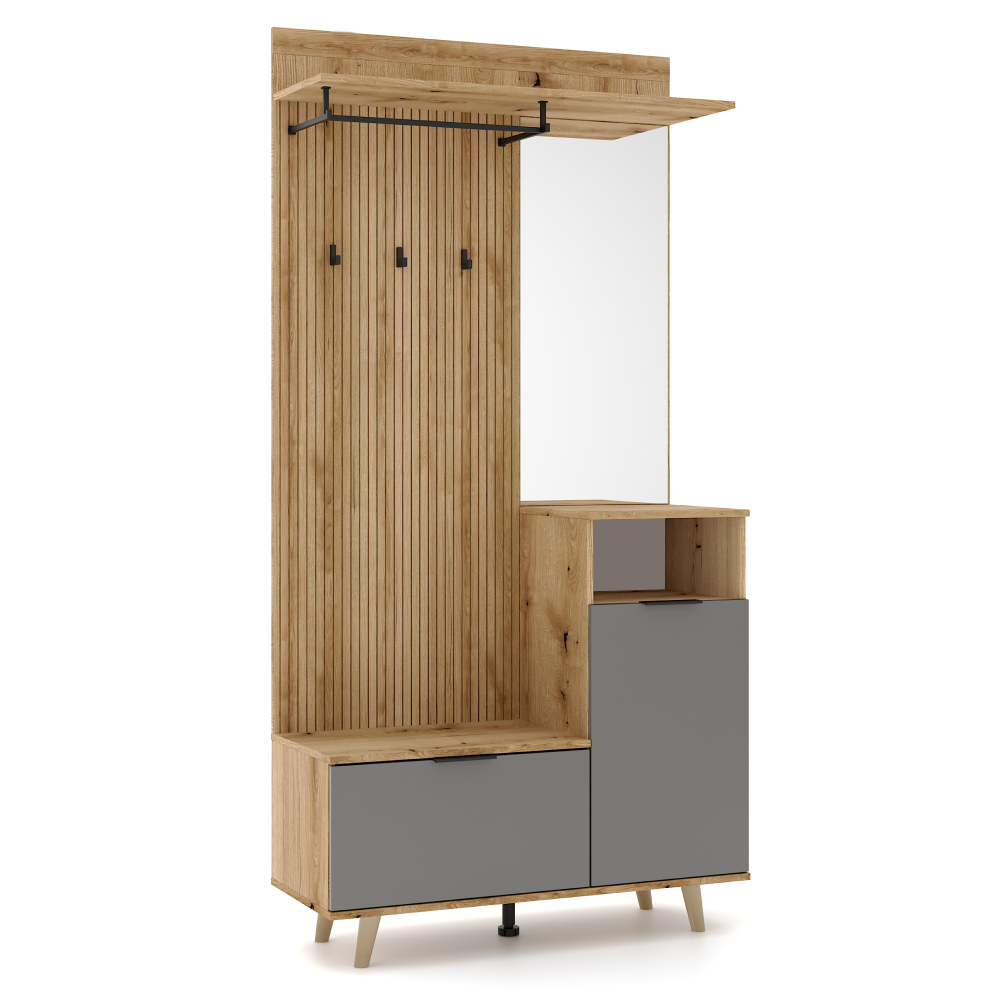 Set mobilier hol NODRI cu oglindă și pantofar, stejar evoke/grafit, 100x204 cm Kondela