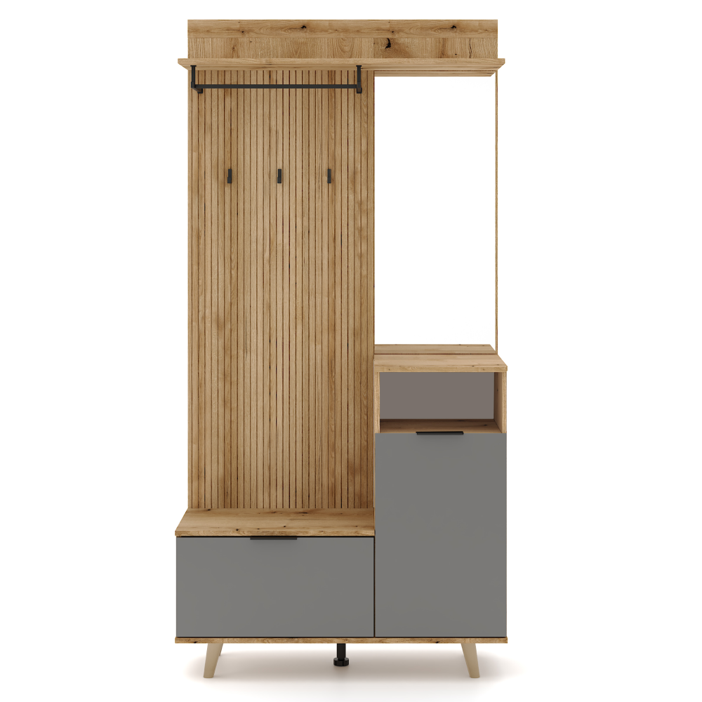 Set mobilier hol NODRI cu oglindă și pantofar, stejar evoke/grafit, 100x204 cm Kondela