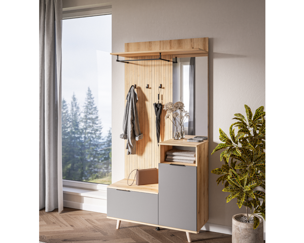 Set mobilier hol NODRI cu oglindă și pantofar, stejar evoke/grafit, 100x204 cm Kondela