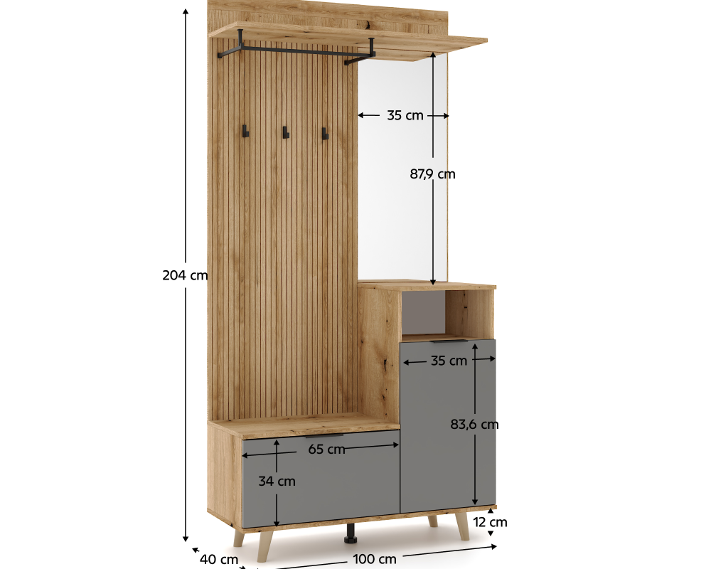Set mobilier hol NODRI cu oglindă și pantofar, stejar evoke/grafit, 100x204 cm Kondela