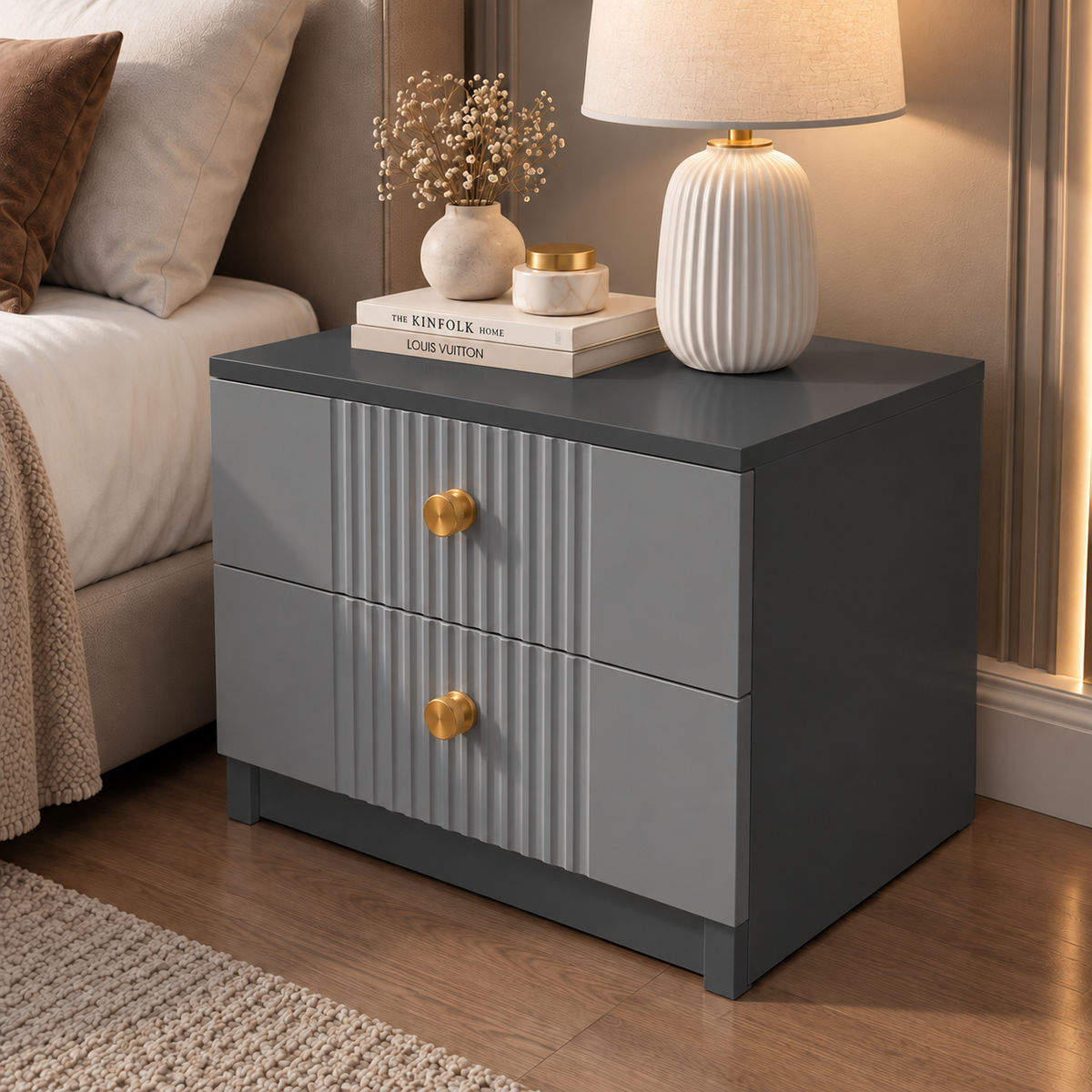 Noptieră RAVELLO antracit cu 2 sertare, MDF frezat cu riflaj vertical vopsit, 50x41,8x47 cm Arboteca
