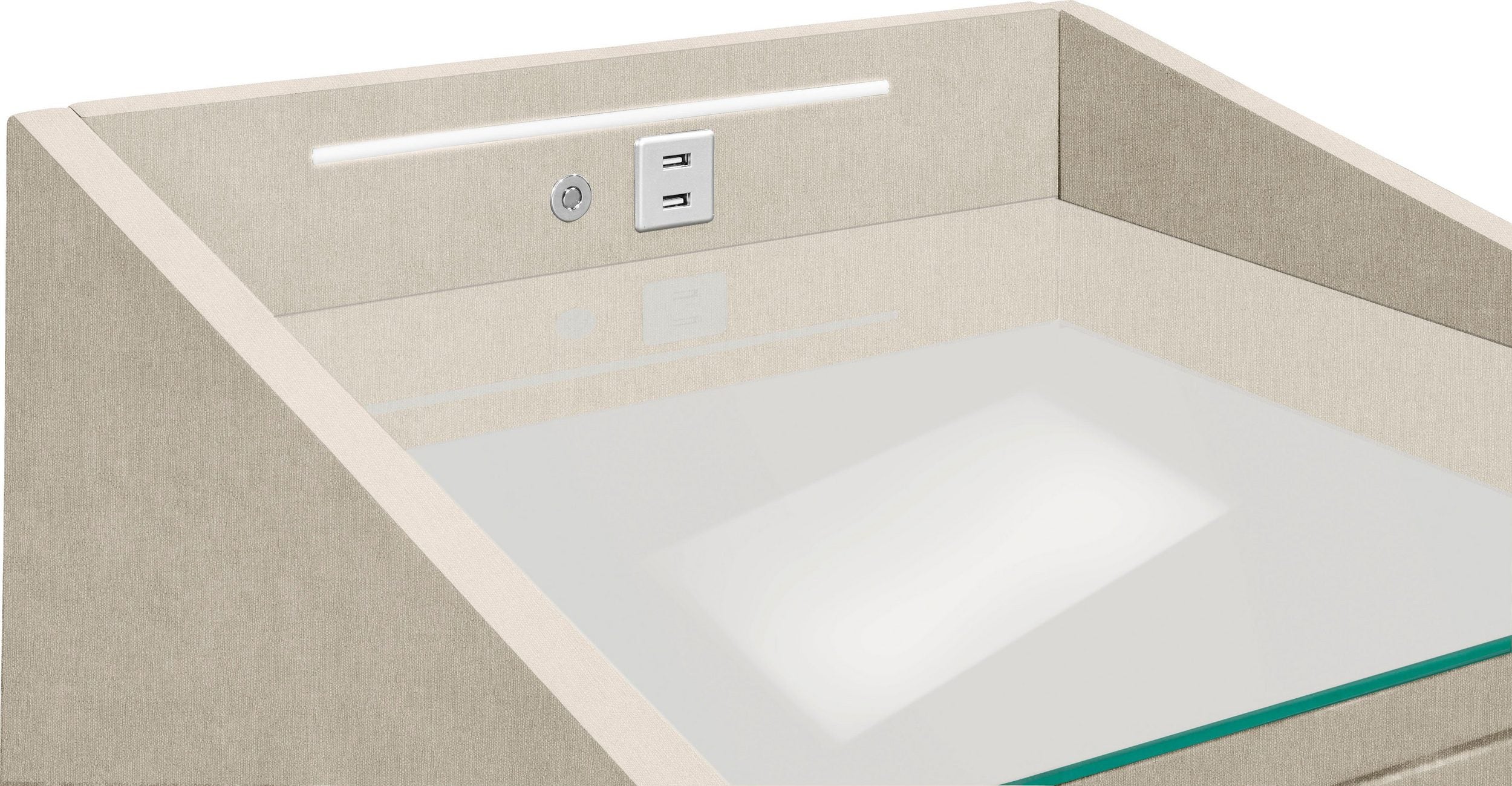 Noptiera tapitata Moon, iluminare LED, incarcare USB, 47 cm latime Arboteca