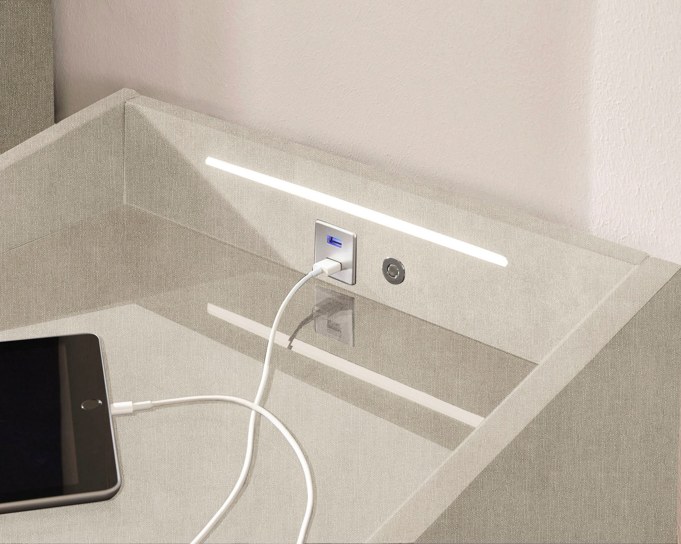 Noptiera tapitata Moon, blat sticla, iluminare LED, incarcare USB, 47 cm latime Arboteca