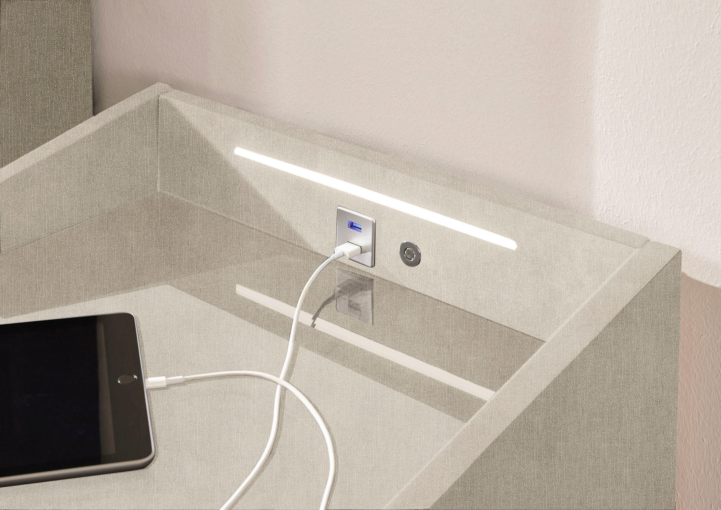 Noptiera tapitata Moon, iluminare LED, incarcare USB, 47 cm latime Arboteca