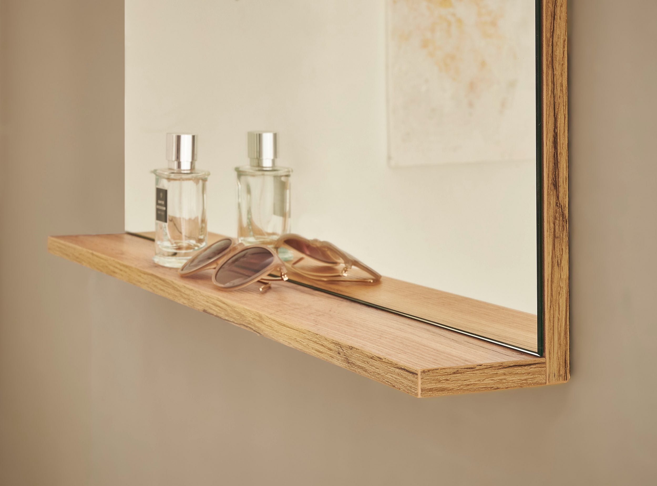 Oglindă Giron, 75x80 cm, cu raft de depozitare, stejar Wotan, design modern Arboteca