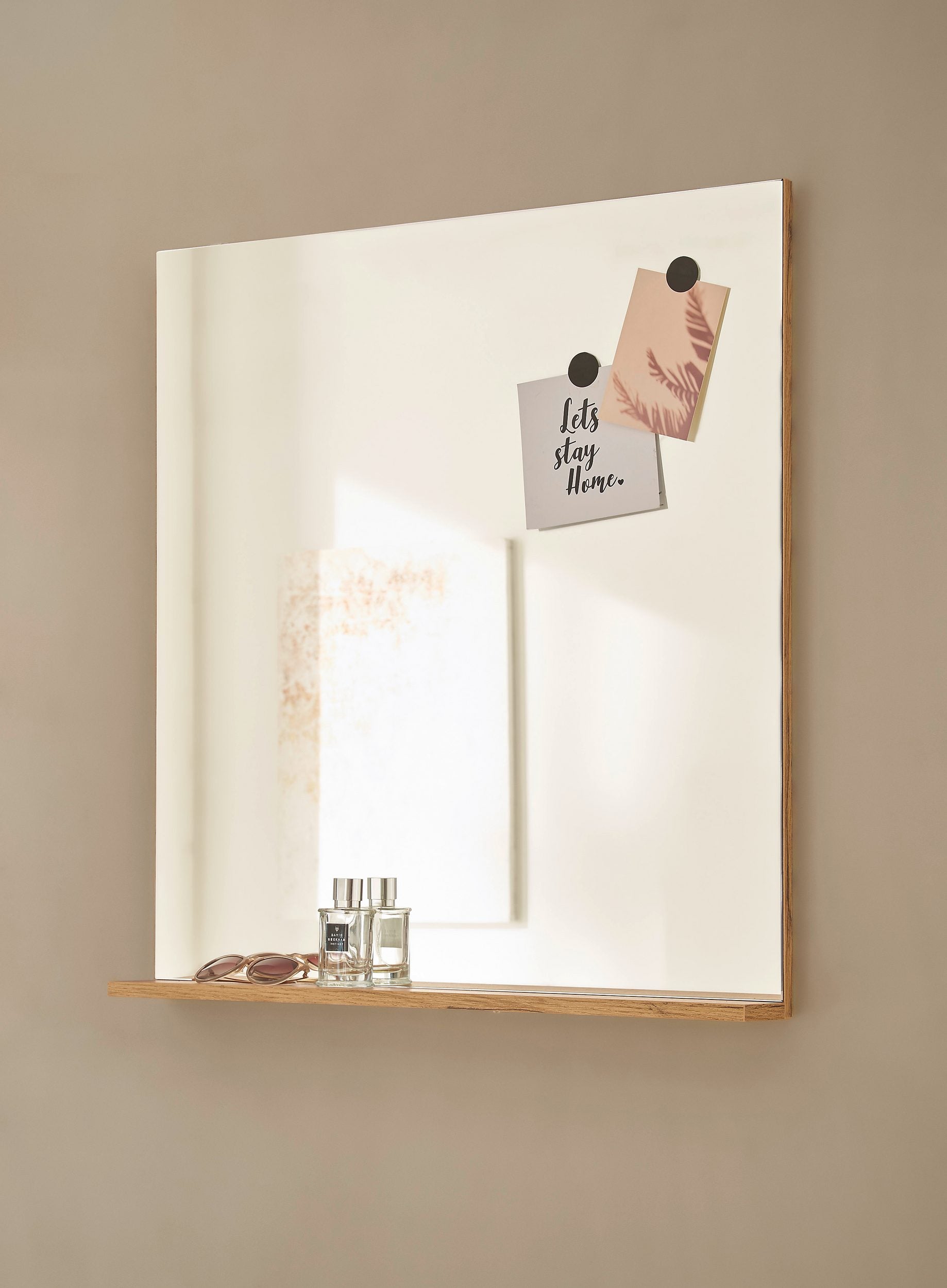 Oglindă Giron, 75x80 cm, cu raft de depozitare, stejar Wotan, design modern Arboteca