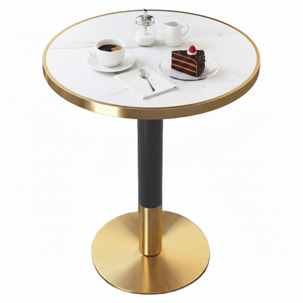 Masă bistro de sufragerie, marmură albă/negru/auriu, diametru 80 cm, OREN Kondela