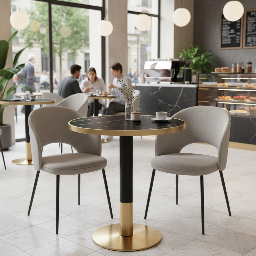Masă bistro de sufragerie, marmură neagră/negru/auriu, diametru 80 cm, OREN Kondela