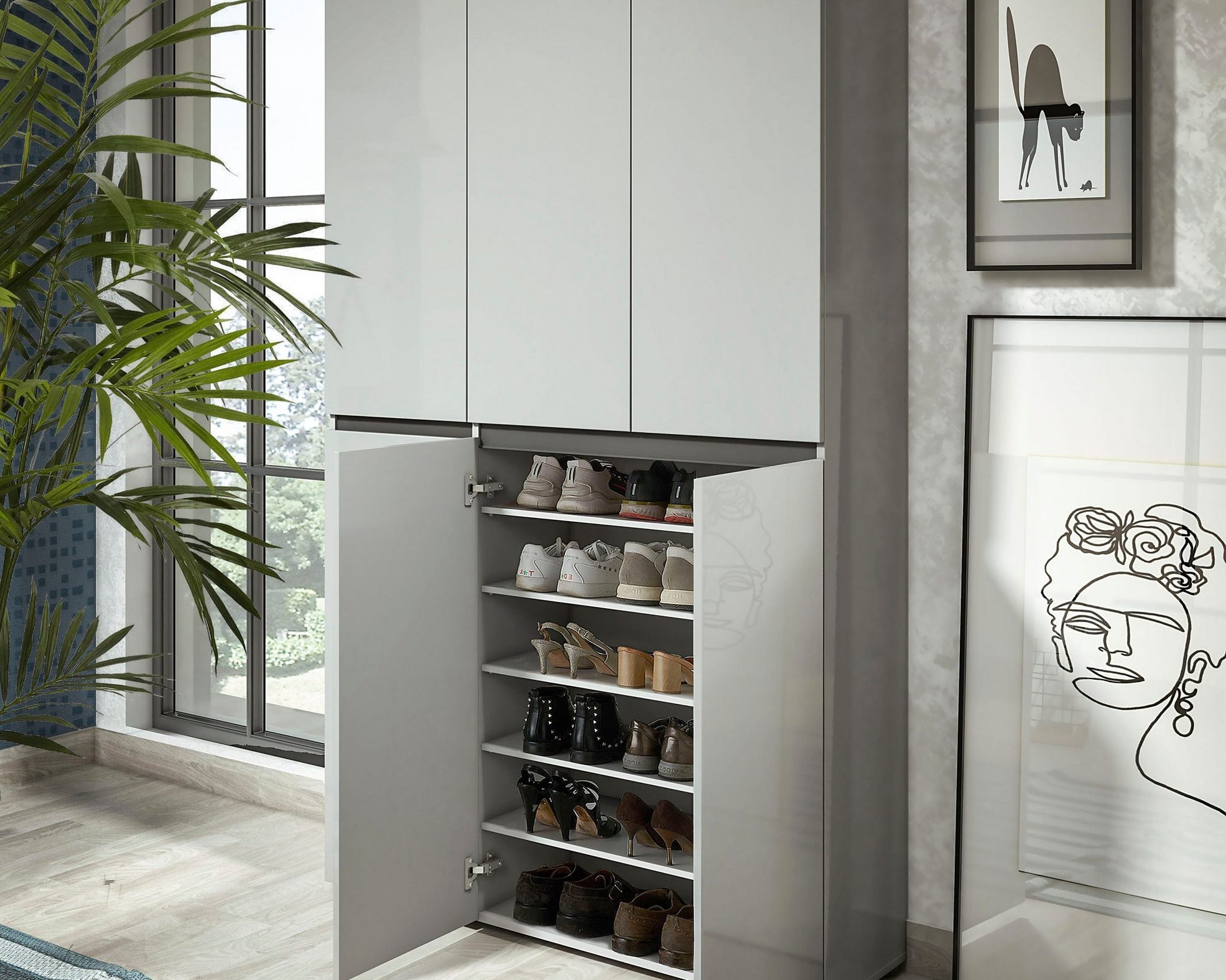 Pantofar Mister, 6 uși, Gri lucios, PAL , 120×34×200 cm Arboteca