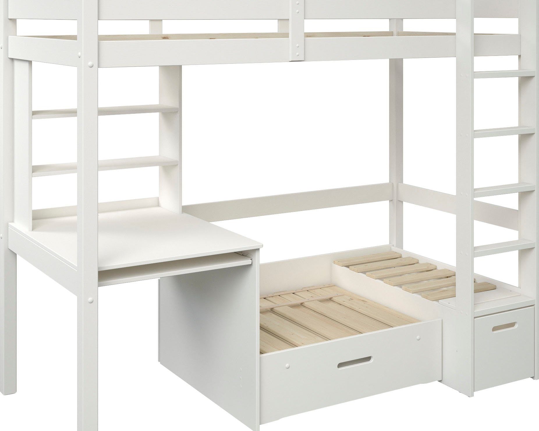 Pat etajat Henne cu birou inclus , lemn masiv , Alb Arboteca