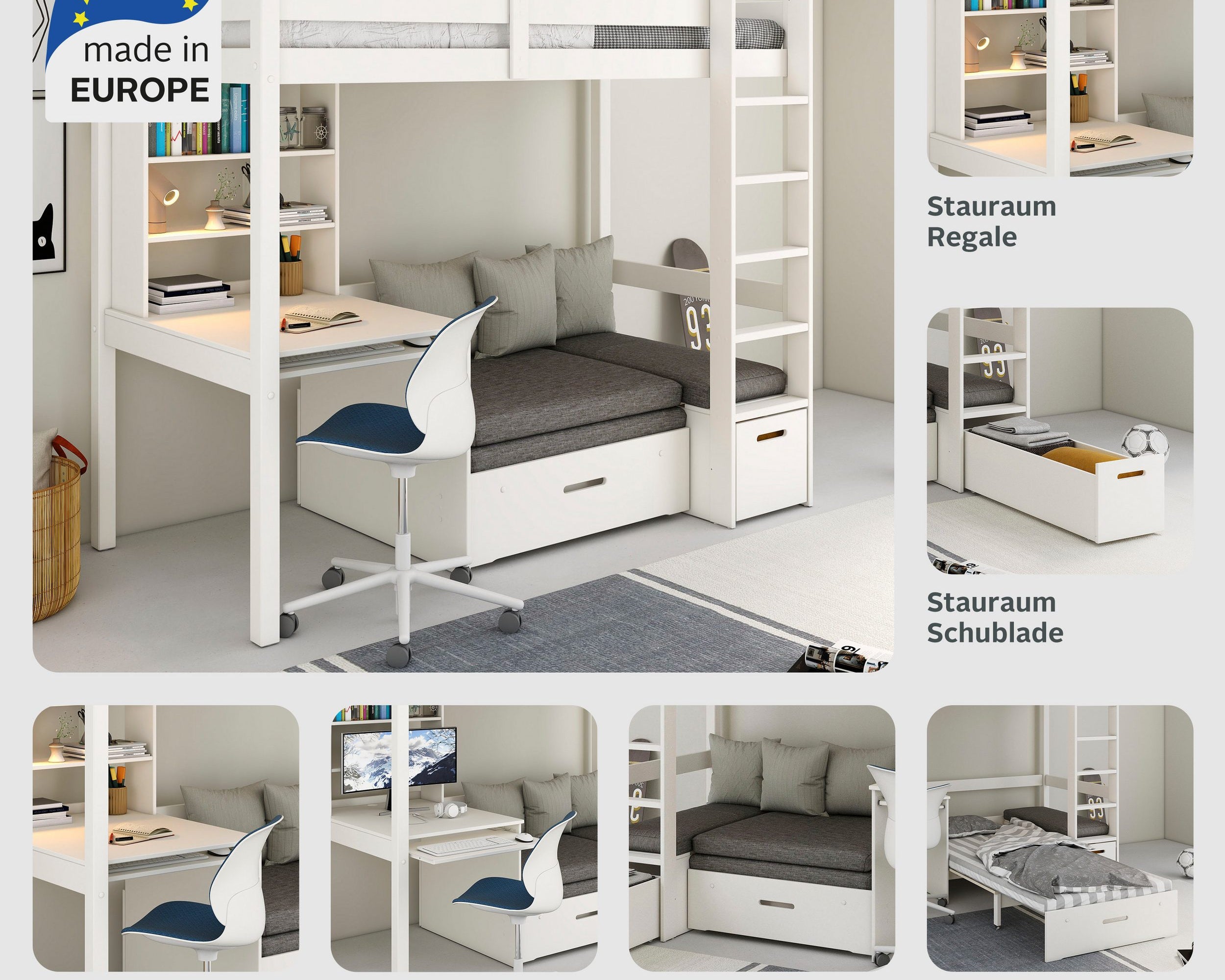 Pat etajat Henne cu birou inclus , lemn masiv , Alb Arboteca