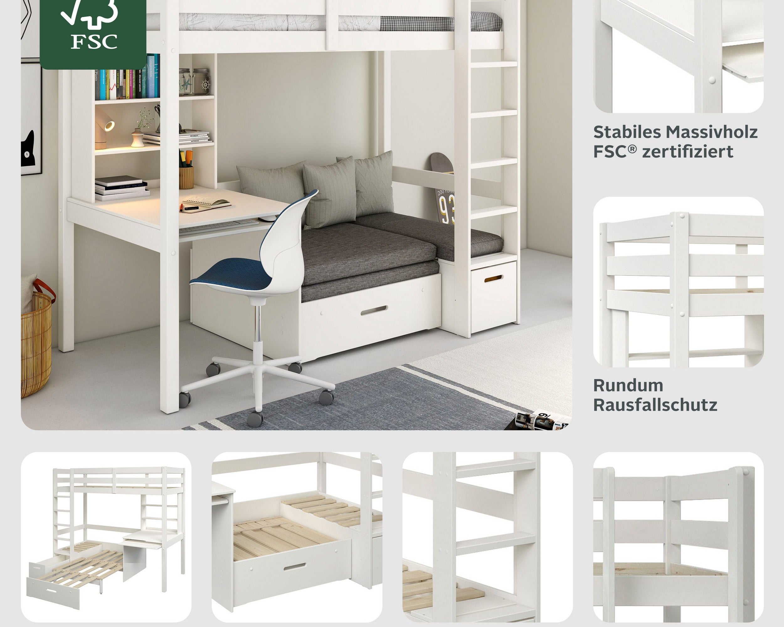 Pat etajat Henne cu birou inclus , lemn masiv , Alb Arboteca