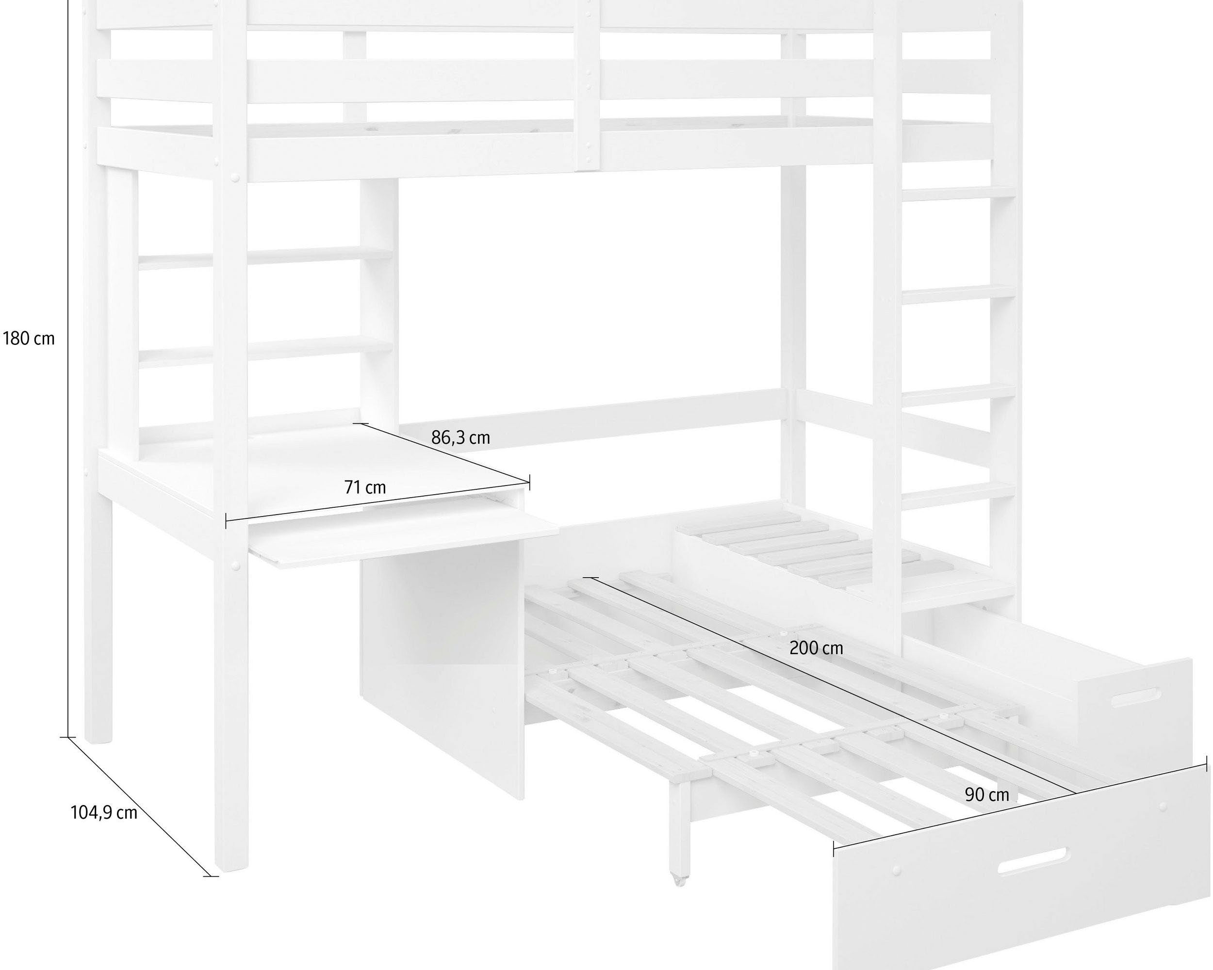 Pat etajat Henne cu birou inclus , lemn masiv , Alb Arboteca