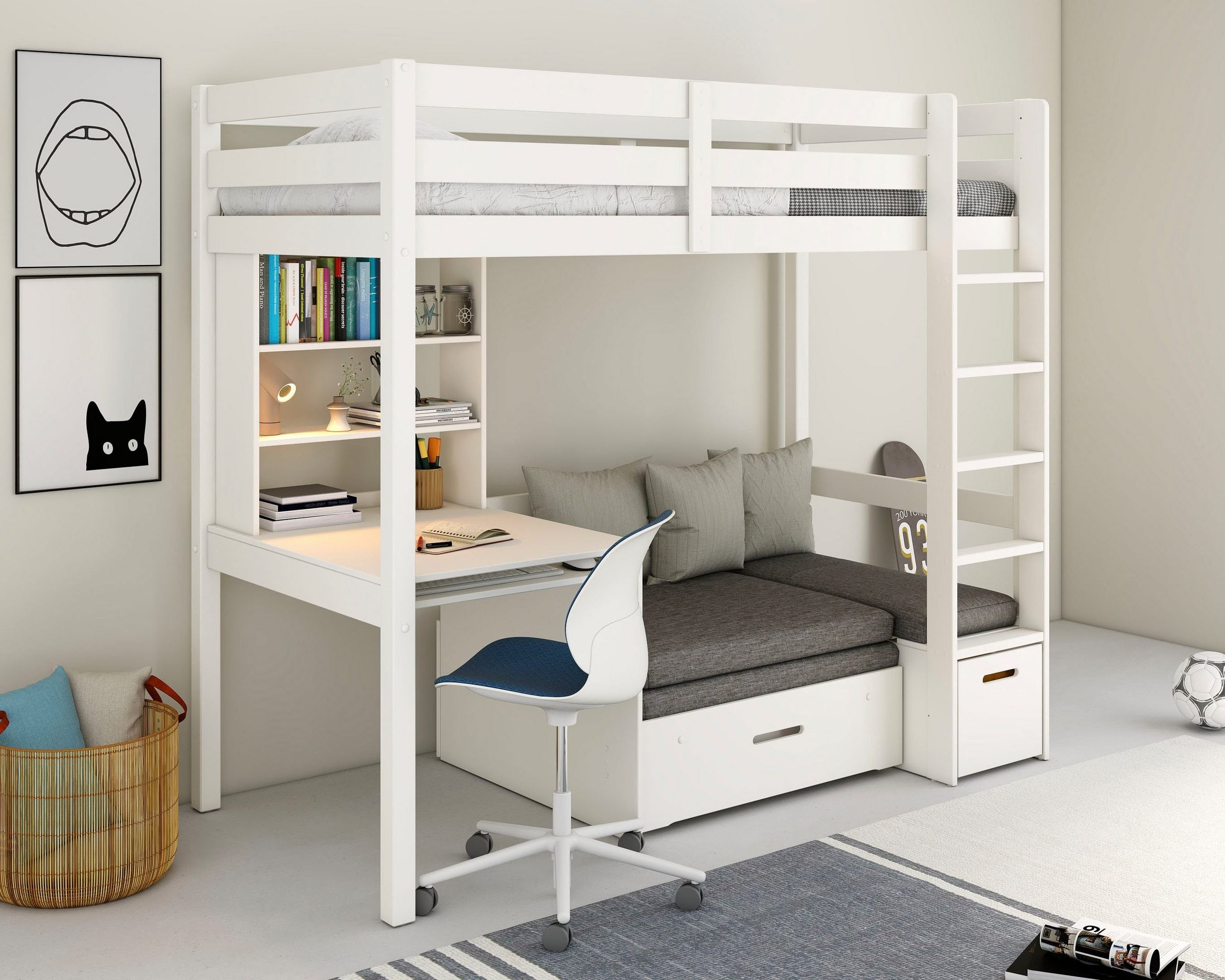 Pat etajat Henne cu birou inclus , lemn masiv , Alb Arboteca