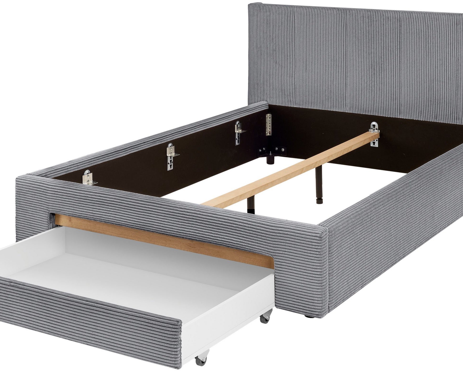 Pat tapițat CiTY/GiRON, 170x220 cm, antracit, PAL melaminat, tăblie cu raft, sertar depozitare Arboteca