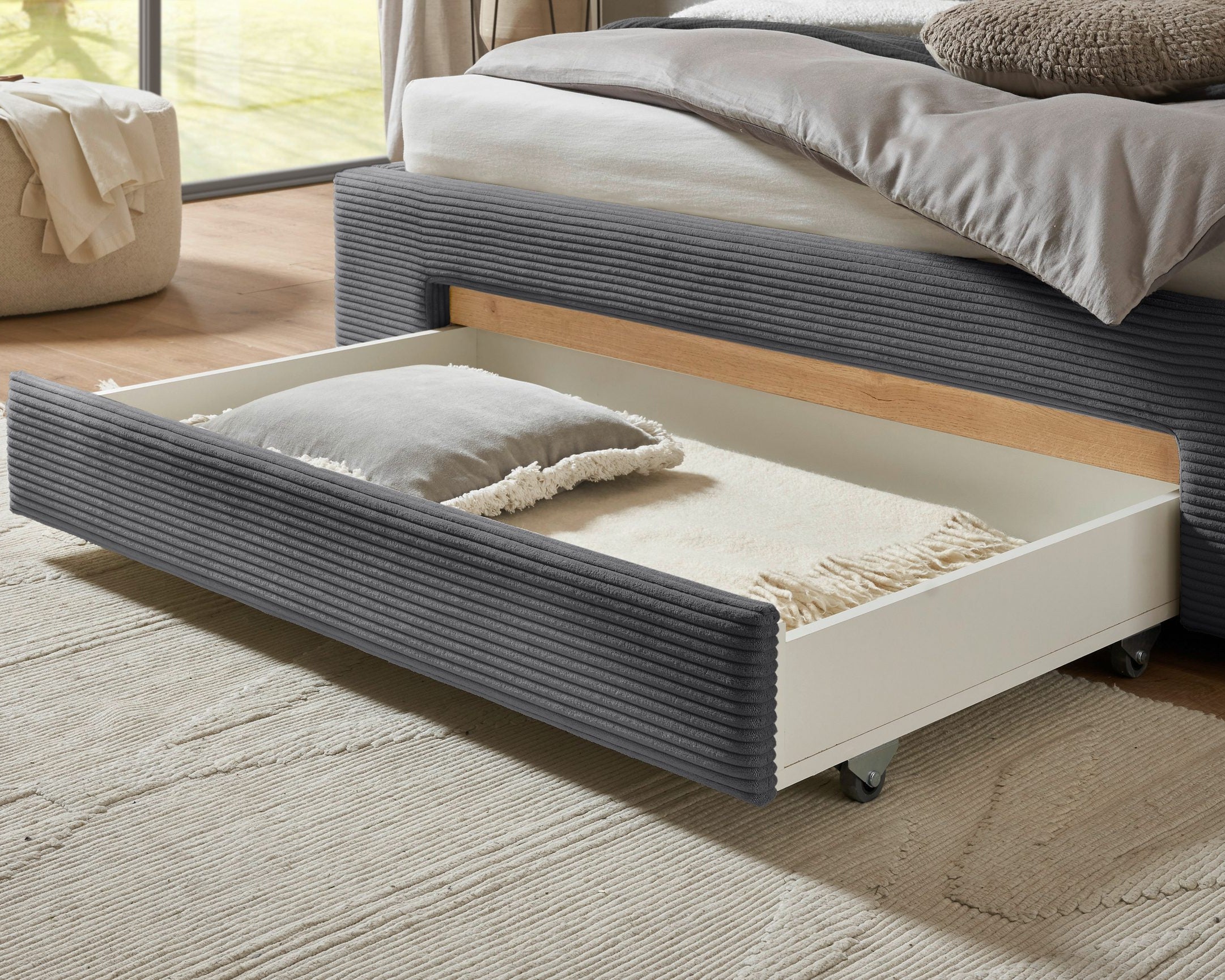 Pat tapițat CiTY/GiRON, 170x220 cm, antracit, PAL melaminat, tăblie cu raft, sertar depozitare Arboteca